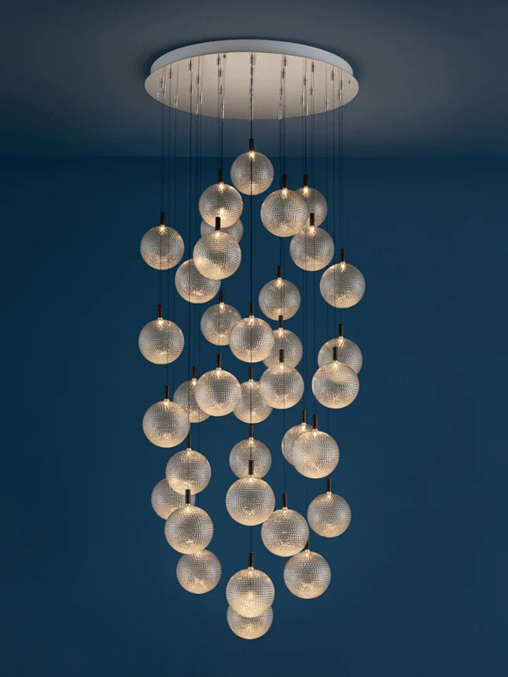Bright House Elegant Glass Sphere Chandelier – Satin Steel with Nickel Connectors, 78cm Base, for Luxurious Interiors