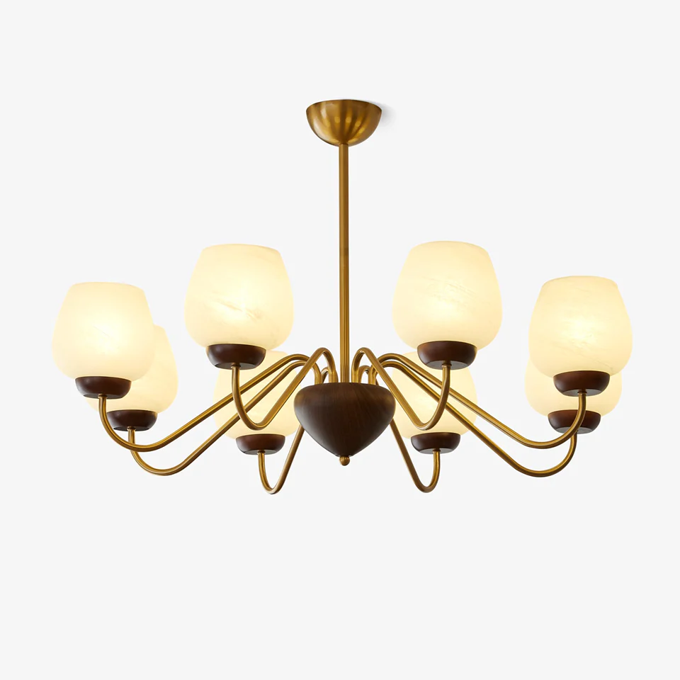 Aurorium Hallway Chandelier with Globe Glass Shades | Gold & Walnut Finish | Brighthouse